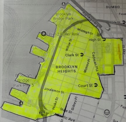 Map of PS 8 zone from Old Fulton Street south to Atlantic and then west to Henry Street. It then moves east to Court Stree and continues past Cadman Plaza to Jay Street before continuing back to Old Fulton Street.
